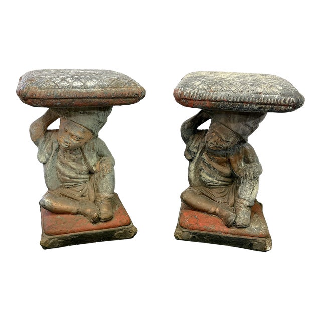 Vintage Cast Cement Figural Putti Garden Stools- A Pair For Sale