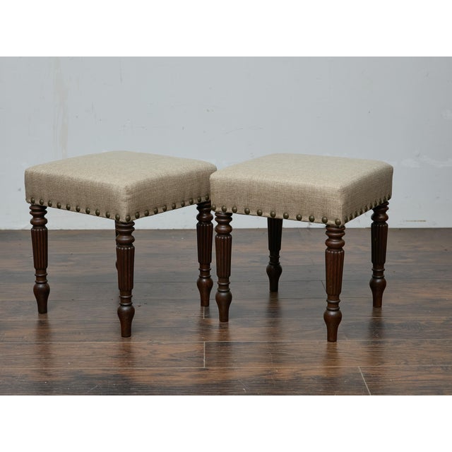 Pair of 19th Century English Oak Stools with Custom Linen Upholstery For Sale - Image 4 of 11