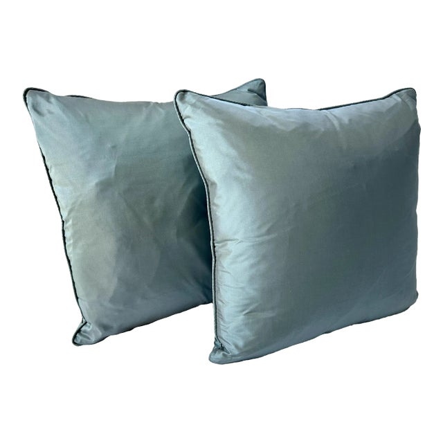 Pair of Custom Blue-Green Silk-Cotton Square Pillows With Cord Detail For Sale