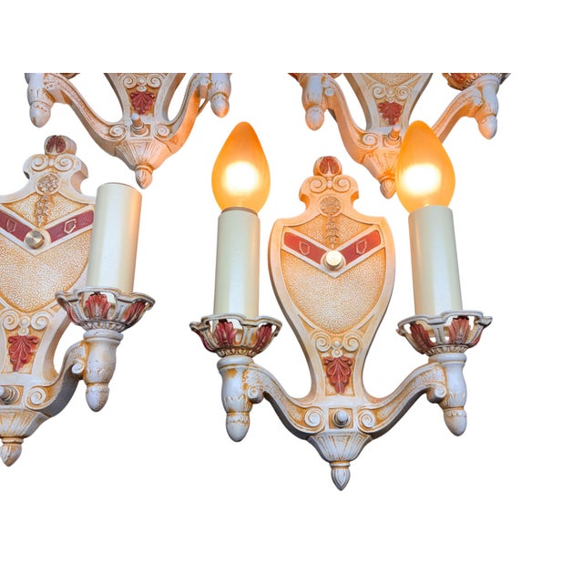 1920s Wall Sconces Ivory Cream White and Red With Gold Colored Highlights Two Light Candle Sconces Restored - Set of 4 For Sale In Los Angeles - Image 6 of 13