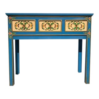Blue Asian Tibetan Hand Painted Motif Console Table For Sale