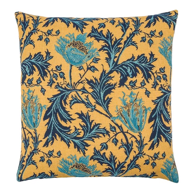 Morris Anemone Gold Blue Tapestry Cushion With Feather Filler - 46x46cm (18"x18") For Sale