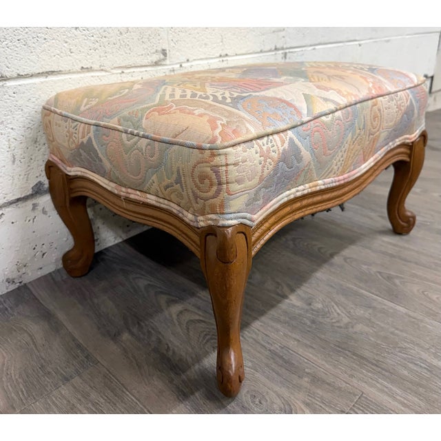 Vintage French Louis XV French Country Carved Upholstered Ottoman For Sale - Image 4 of 11