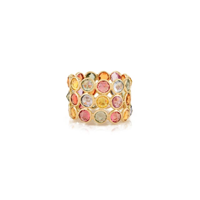 Modern 14k Gold Triple Layer Rainbow Multi Sapphire Eternity Ring Size 7 For Sale - Image 3 of 10