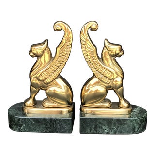 Mid Century Gargoyle Griffin Brass & Marble Bookends - a Pair For Sale