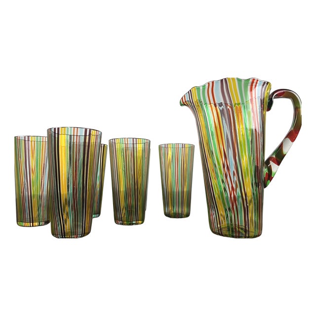 Vintage Glasses with Murano Glass Carafe by Gio Ponti for Venini, 1950s, Set of 7 For Sale