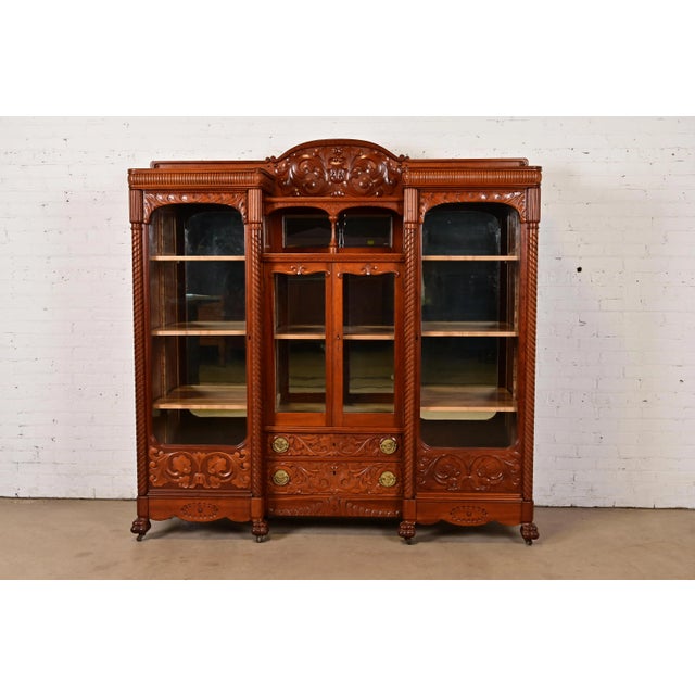 R. J. Horner Style Antique Victorian Carved Cherry Wood Triple Bookcase, Circa 1880s For Sale - Image 13 of 13