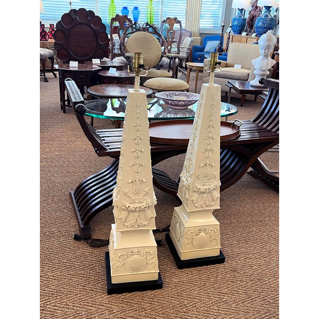 Cream Monumental Pair of Italian 1950s Neoclassical Style Obelisk-Form Ceramic Lamps For Sale - Image 8 of 8