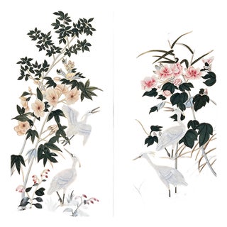 Luxury Hand Painted Gold Leaf Wallpaper With Crane Birds & Floral Garden Design, Oriental Chinoiserie Diptych Wall Mural, Custom Designer Wallcovering For Sale
