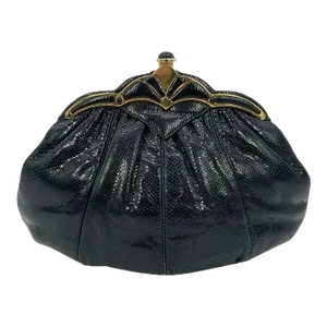 Judith Leiber Black Lizard Gold Scallop Top Clutch