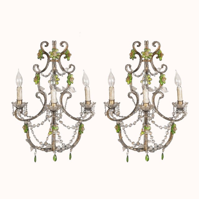 1920s Italian Crystal Beaded Wall Fixtures or Sconces with Green Flowers, Set of 2 For Sale - Image 5 of 5