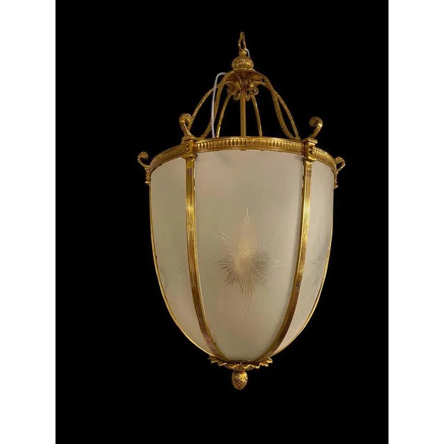 Large 20th-Century Hanging Frosted Glass and Ormolu Lantern For Sale - Image 11 of 13