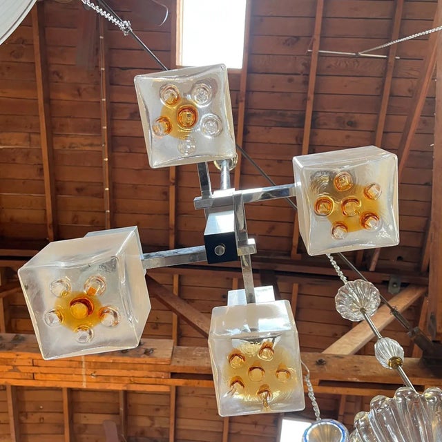 Mid 20th Century Vintage Italian Pendant W/ Lightly Frosted Murano Glass Cubes & Infused Amber Glass by Mazzega C 1960’s For Sale - Image 5 of 6