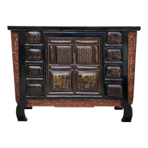 Chinese Brown Bold Drawers Doors Golden Graphic Credenza Table Cabinet