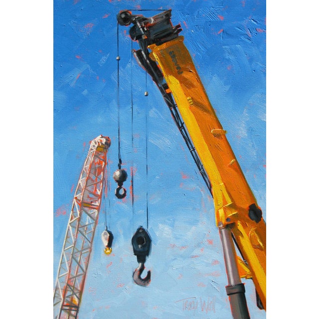 Crane Conversation by Tracy Wall | Oil Painting of construction cranes against a blue sky For Sale