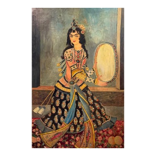 A Palatial Persian Hand Painted Oil on Board Painting For Sale
