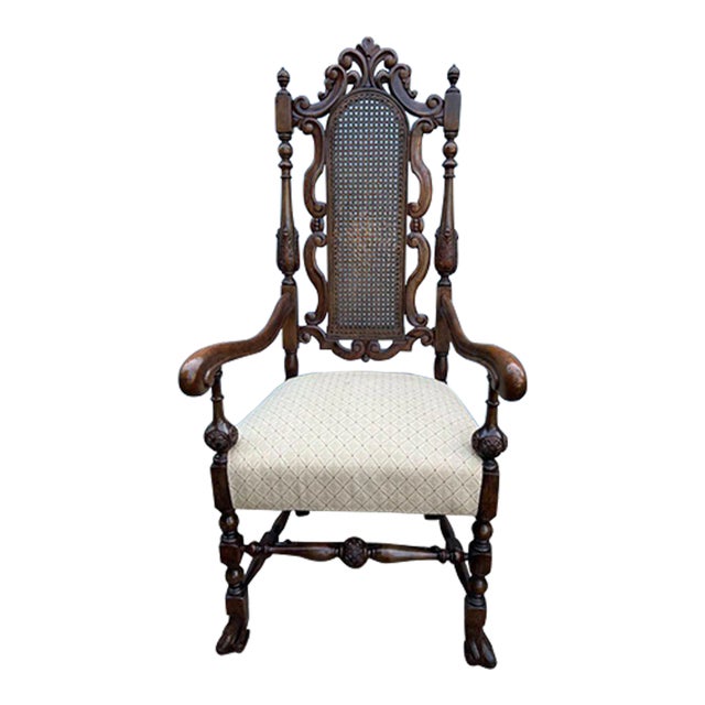 Early 20th Century Antique Renaissance Revival Carved Gothic Cane Back Spanish Feet Throne Armchair For Sale