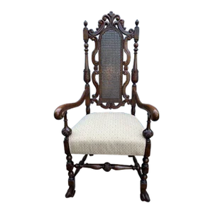 Early 20th Century Antique Renaissance Revival Carved Gothic Cane Back Spanish Feet Throne Armchair