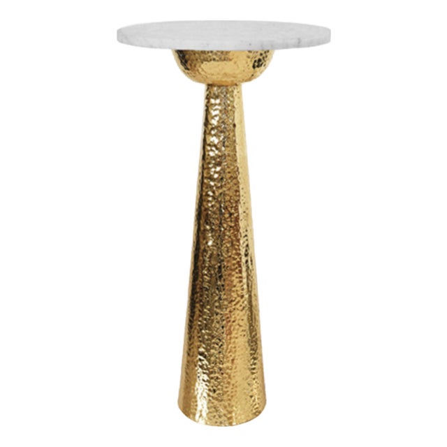 Matthew Izzo Home Cynthia Tapered Hammered Brass Base and White Marble Top Side Table For Sale