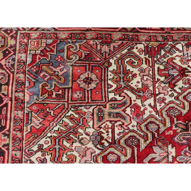 Vintage Heriz With Geometric Diamond Design in Reds, Ivory, Blue, Light Yellow Green & Charcoal For Sale In Atlanta - Image 6 of 13