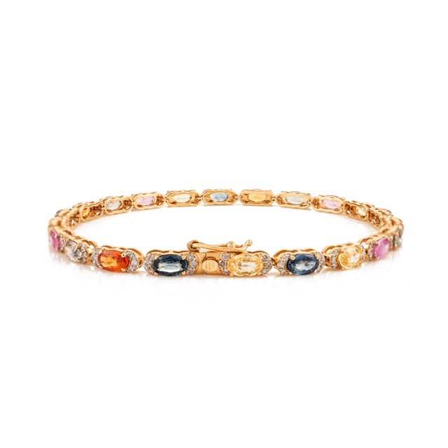 Metal Luxury 6.13Ct Multi Sapphire & Diamond Halo Contemporary Tennis Bracelet in 14k Gold For Sale - Image 7 of 13