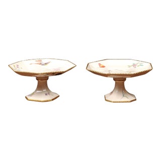 French 19th Century Porcelain Painted Birds & Flowers Compotes- a Pair For Sale