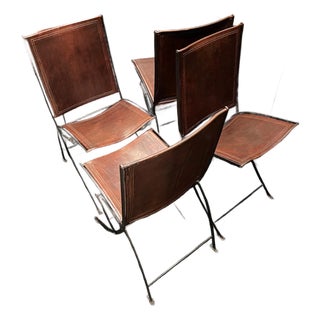 Antique French Leather and Wrought Iron Folding Chairs, Set of 4, Late 19th Century For Sale