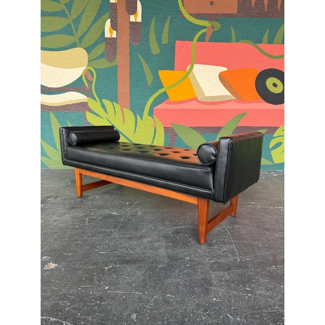 Lawrence Peabody 1960s Mid Century Selig Attributed Walnut and Faux Leather Tufted Bench For Sale - Image 4 of 11