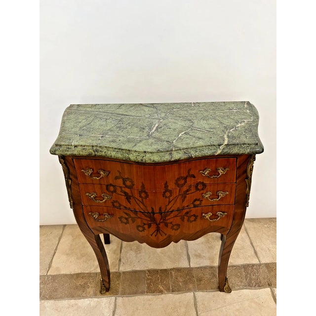 1900s Antique French Small Bombe Commode with Green Marble Brass Ormolu For Sale - Image 4 of 11