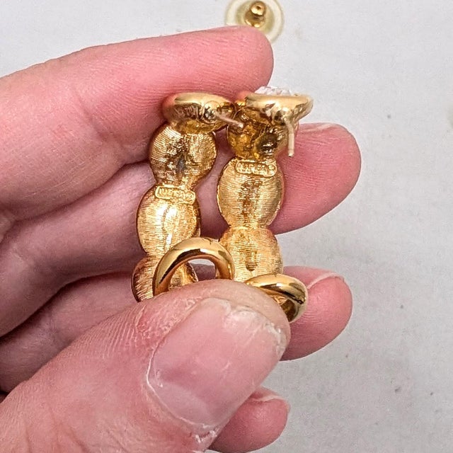 American Vintage Signed Napier Goldtone Oval Clear Rhinestone Hoop Pierced Earrings-2 Pieces For Sale - Image 3 of 6