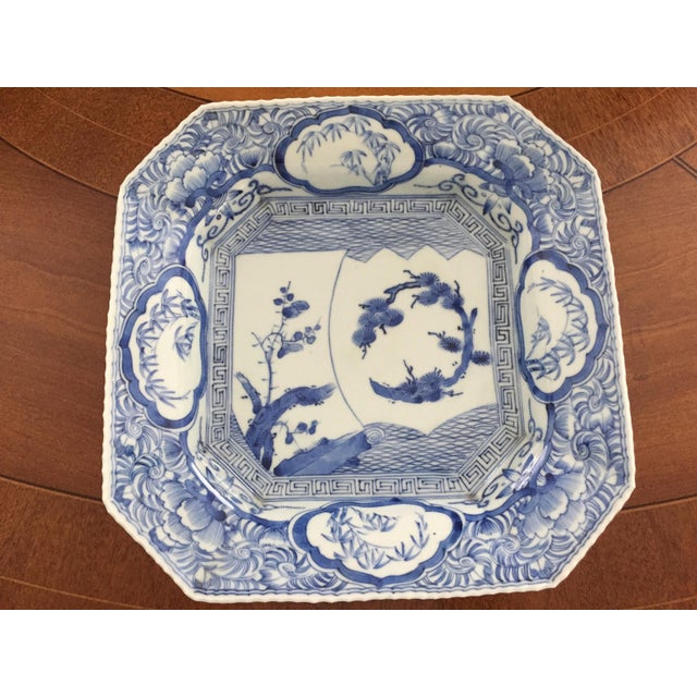 Blue Antique Japanese Ko-Imari Blue and White Octagonal Plate With Landscape For Sale - Image 8 of 18