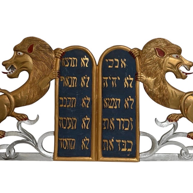 Rare Folk Art Hebrew Judaica Carved Gilded Wood Lions Torah Synagogue Sculpture, c.1920's-1940's For Sale - Image 15 of 18
