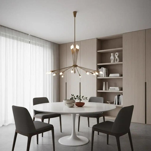 This magnificent 1950s Mid-Century Modern sputnik chandelier is a masterpiece of Italian lighting design designed byOscar...