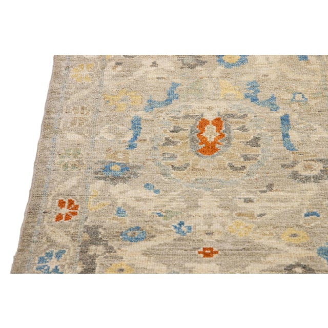 Beige Floral Modern Handmade Sultanabad Wool Runner For Sale - Image 9 of 10