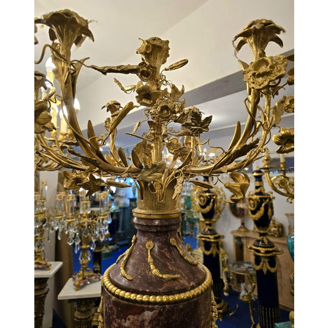 Ceramic Louis XVI-Style Porcelain Pedestal Centerpiece Set of 2 With Floral Gold Leaf Details & Gilded Bronze Accents For Sale - Image 7 of 11