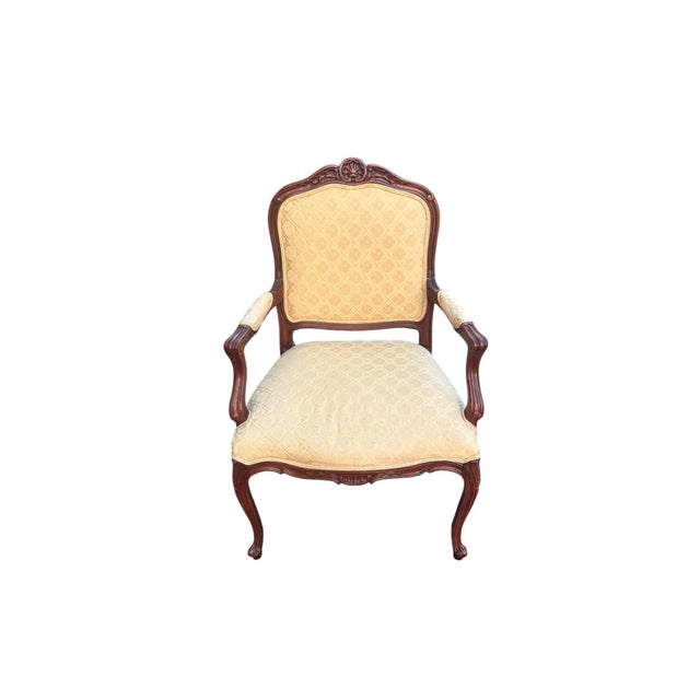 French Ethan Allen French Louis XV Style Carved Cherry Armchair in Cream Damask For Sale - Image 3 of 11