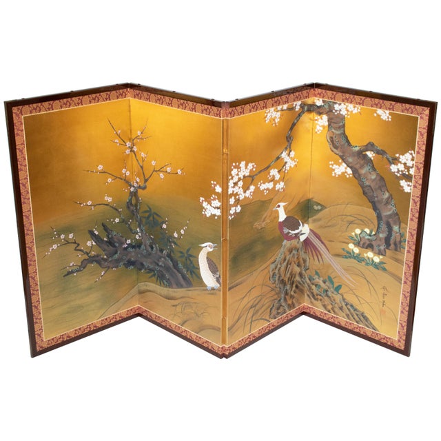 Fine Japanese painted 4-panel byobu (folding screen) by Ransetsu, a well-known artist in Kyoto. Very well done. Signed and...