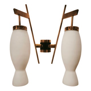 Brass Wall Lamp with Double Opal Glass Light, 1960s For Sale