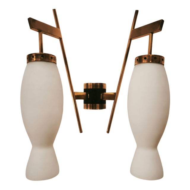 Brass Wall Lamp with Double Opal Glass Light, 1960s For Sale