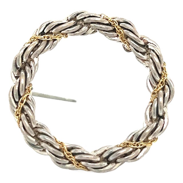 1990s Tiffany & Co Estate Circle Wreath Brooch 18k G + Silver For Sale