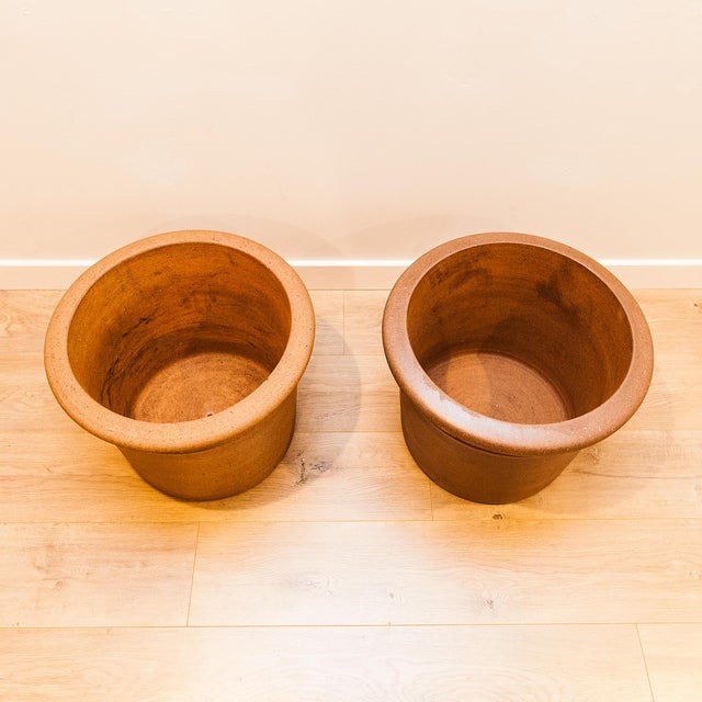 Ceramic Mid Century Architectural Pottery Speckled Stoneware Planters - Set of 2 For Sale - Image 7 of 12