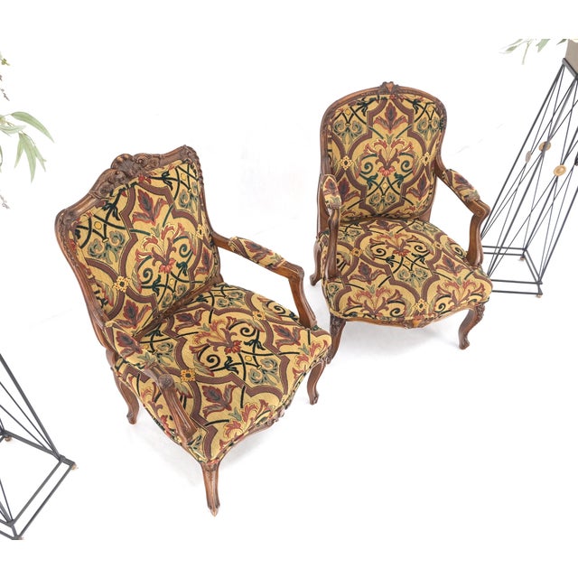 Pair of His & Hers Finely Carved Walnut Country French Lounge Armchairs Tapestry For Sale - Image 15 of 16
