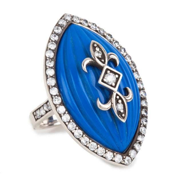 Miriam Salat Navy Blue Resin, Sterling Silver & White Topaz Ring, Size 7 For Sale - Image 4 of 6