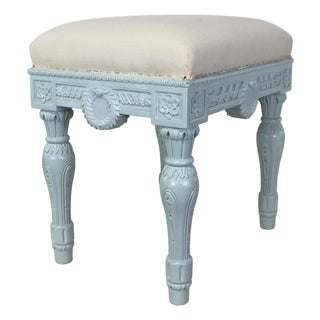 Vintage Neoclassical-Style, Hand-Carved, Upholstered Stool. For Sale