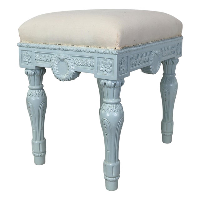Vintage Neoclassical-Style, Hand-Carved, Upholstered Stool. For Sale