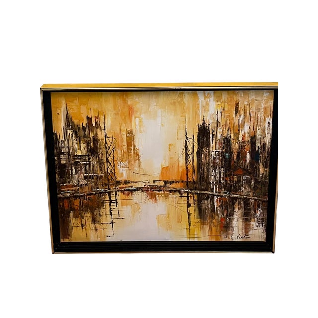 Vintage Mid Century Modern Abstract Cityscape Oil on Canvas For Sale - Image 10 of 15