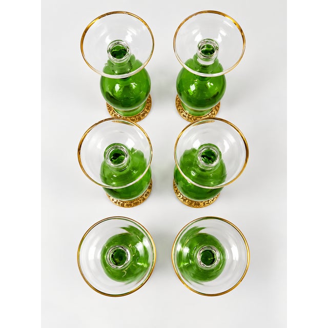 Vintage Emerald Green & Gold Gilt Glass Cordial Decanter Set With 6 Stemmed Glasses — 7 Pieces For Sale - Image 4 of 4