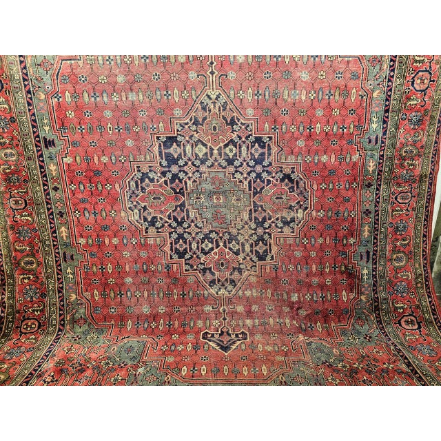 Vintage Turkish Heriz Rug, Hand-Knotted Wool, Geometric Medallion Design, Red & Green, 12x14 For Sale - Image 10 of 16