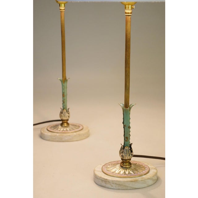 1930s 1930s Matched Pair Art Deco French Empire Ornate Brass Travertine Marble Candlestick Table Lamps For Sale - Image 5 of 10