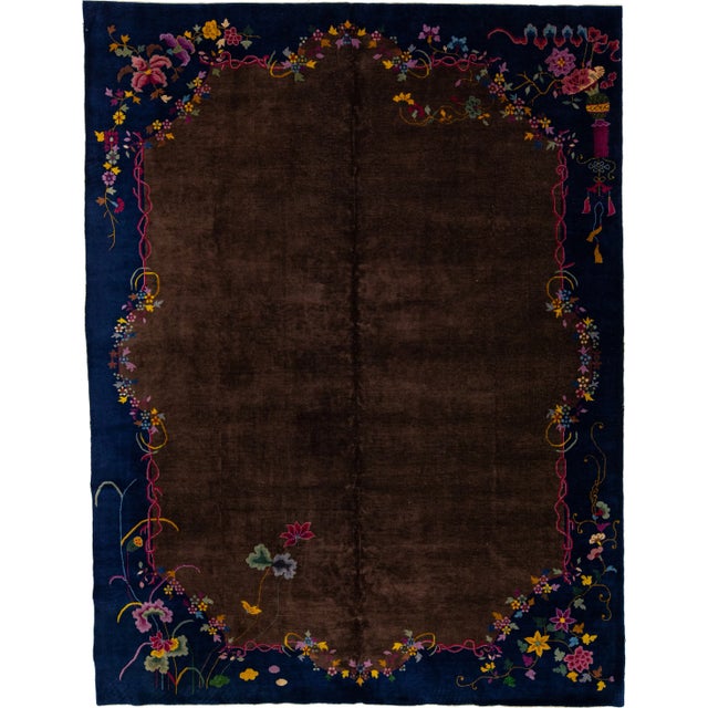 Antique Brown Chinese Art Deco Wool Rug 9 Ft X 11 Ft 8 In For Sale - Image 10 of 10